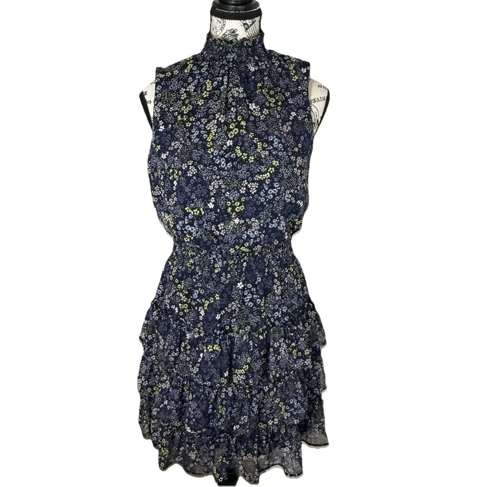 Women's Blue Floral Mini Dress Size Small Sleeveless Mock Neck Fit & Flare Party